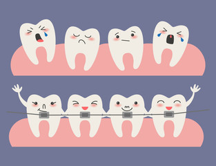 Obraz premium Cartoon Teeth with braces on blue background.