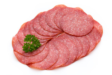 Salami slices isolated on white background.