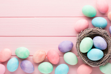 Pastel Easter eggs background. Spring greating card.