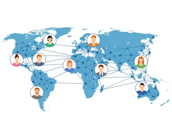 World Network. Social networks unite the world. Social network scheme on the Earth map
