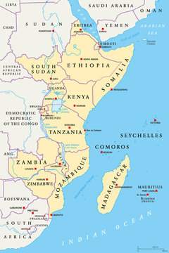 East Africa region, political map. Area with capitals, borders, lakes and important rivers. Easterly region of the African continent, also called Eastern Africa. English labeling. Illustration. Vector