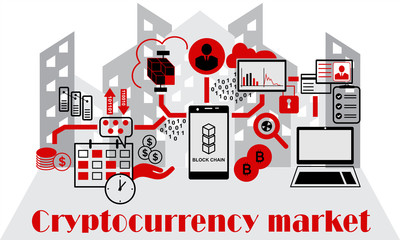 Cryptocurrency market. Vector background illustration with smartphone and icons. Blockchain concept.