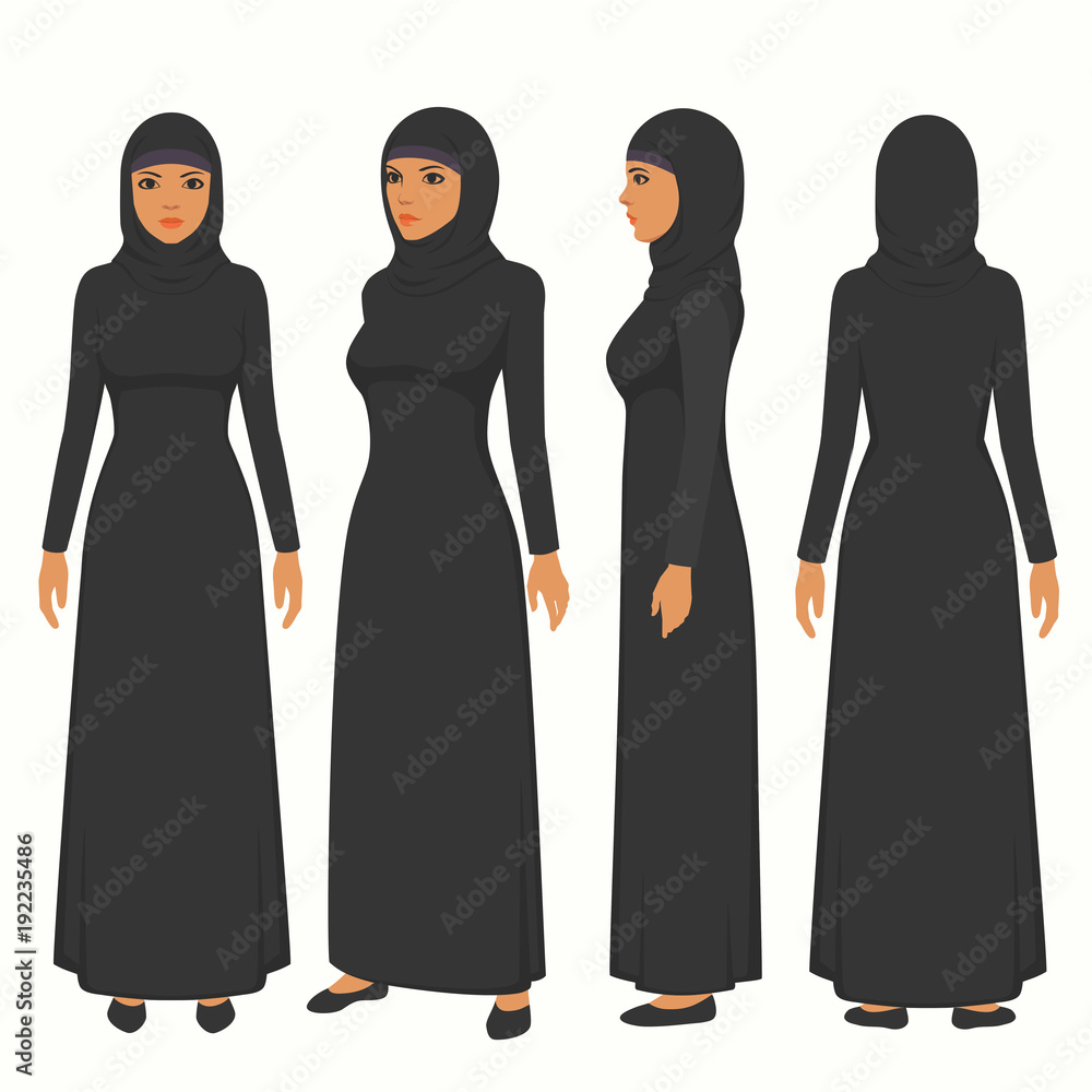 Poster muslim woman illustration, vector arab girl character,  saudi cartoon female, front, side and back view of islamic person