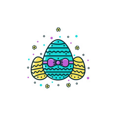 Three easter eggs decorated with ribbons and bow - flat color line icon on isolated background. Traditional food symbols of spring christian holiday vector illustration.