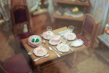 Grandmother's Old Dolls Kitchen with accessories. Toys for girls from the 40s or 50s.