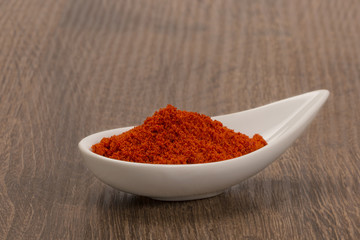 Red pepper powder over wood background