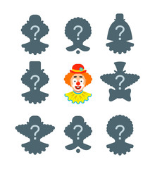 Find the shadow educational puzzle game. Match the correct silhouette of funny clown face. Visual test for preschool kids