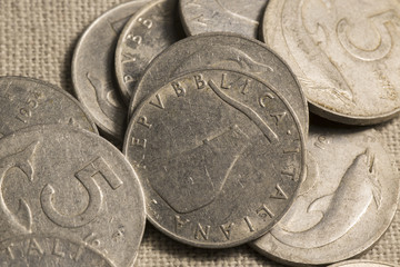 Old Italian 5 Lire coin, no longer in use