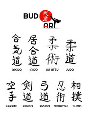 Aikido, kendo, iaido, sumo, karate, kyudo, judo, jiu jitsu, ninjutsu - vector japanese symbols and hierogliph of martial arts. Sport fight icons big set © Andrii