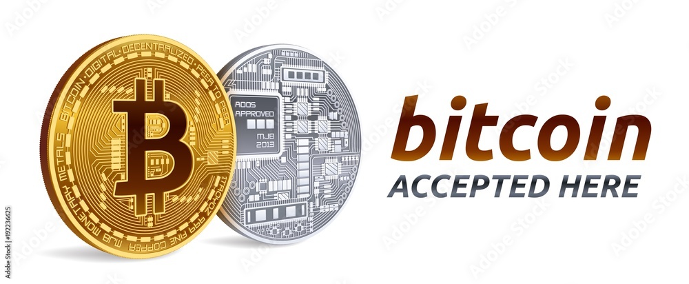 Aufkleber bitcoin accepted sign emblem. 3d isometric physical bit coin with text accepted here. crypto currenc