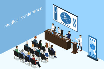 Isometric 3D vector illustration concept report at a medical conference with students
