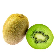 One whole kiwi fruit and slice isolated on white background