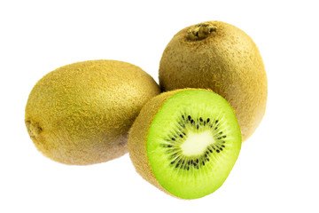 Two whole kiwi fruit and half isolated on white background