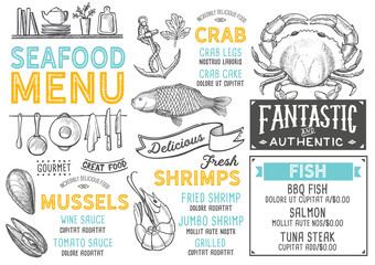 Seafood restaurant menu. Vector food flyer for bar and cafe. Design template with vintage hand-drawn illustrations.