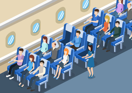 Isometric 3D vector illustration board of the aircraft from the inside with passengers and stewardess