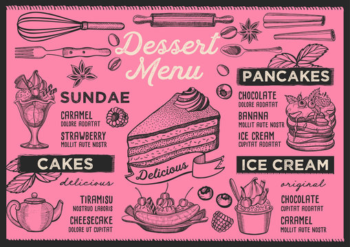 Dessert restaurant menu. Vector food flyer for bar and cafe. Design template with vintage hand-drawn illustrations.