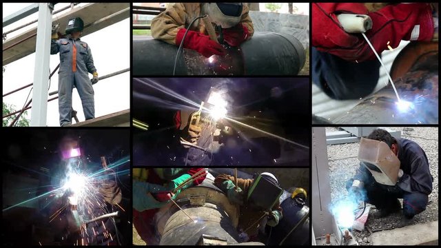 Welders At Work / Industrial welders with protective equipment making sparks while welding metal objects. Split screen 4K