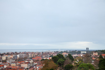 Fototapeta na wymiar Aerial view of Arcachon, France, during a storm on a cloudy rainy day. Located in Arcachon bay (bassin d'Arcachon), the city is one of the most touristic spots of the Atlantic ocean coast in France
