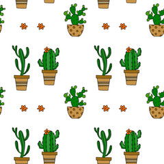 Cactus seamless vector pattern. Blooming cactus on white background illustration for your web design.
