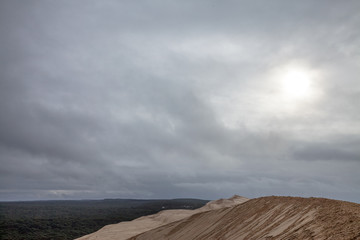 Panorama of the Pilat Dune (Dune du Pilat) during a cloudy afternoon with a pine forest in...