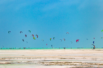 Kiteboarders in Jimbiani. Zanzibar, Tanzania.