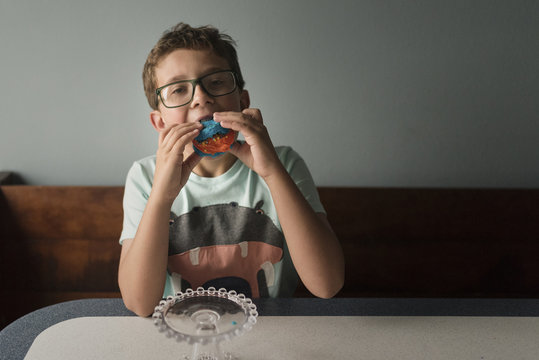 Portrait of boy eating macron at home