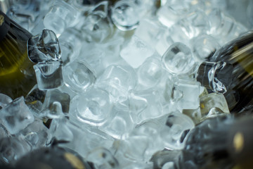 Bottle of wine in the ice. Ice cubes close-up
