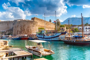Wall murals Cyprus Kyrenia harbour overlooked by the castle. Kyrenia, Cyprus
