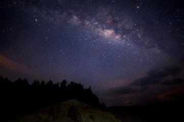 starry night sky with milky way.  image contain soft focus, blur and noise due to long expose and high iso.