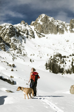 Female hiker with dog standing against snowcapped mountain