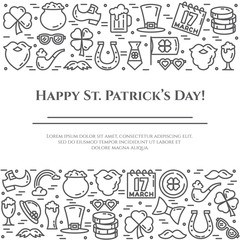 St. Patrick's Day theme black and white banner. Pictograms of shamrock, leprechaun hat, gold and other holiday related pictograms. Line out. Simple silhouette. Editable stroke. Vector illustration