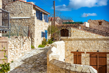 Village of Lofou, traditional stone houses obbled stone street. Limassol District, Cyprus