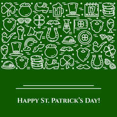 St. Patrick's Day theme green and white banner. Pictograms of shamrock, leprechaun hat, gold and other holiday related pictograms. Line out. Simple silhouette. Editable stroke. Vector illustration
