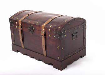 Wooden brown chest with metal handles and leather belts