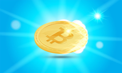 Cryptocurrency golden coin on white background. Bitcoin symbol of electronic money in fire and light effects. Flat vector Illustration EPS 10