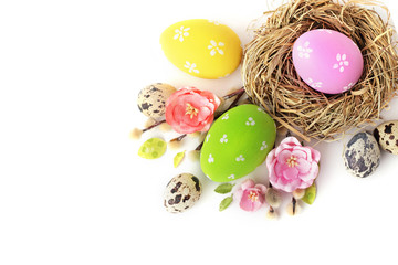easter eggs and flowers isolated on white background