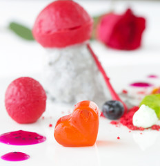 Elegant dessert in the plate, molecular gastronomy, haute couture dessert