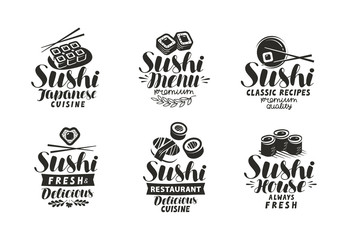 Fototapeta premium Sushi and Rolls logo or label. Japanese food set of symbols. Typographic design vector illustration