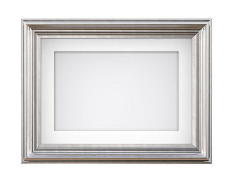 Isolated Silver Frame. 3D render of Vintage Silver Frame with passe-partout on blue background. Isolated and Blank for Copy Space.