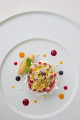 Elegant dessert in the plate, molecular gastronomy, haute couture dessert