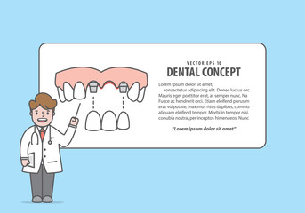 Layout Bridges teeth upper with text box and doctor cartoon style for info or book illustration vector on blue background. Dental concept.