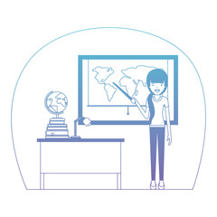 female teacher in geography class with pile books vector illustration design