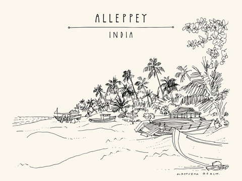 Alleppey Beach, Alappuzha, Kerala, South India. Retro travel drawing of a pristine beach, palm trees and boats. Tropical paradise landscape sketch. Vintage touristic postcard. Vector illustration