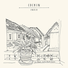 Cochin (Kochi), Kerala, India. Jew Road in Jew Town. Heritage colonial buildings. View of tiled roofs from a window with a plant. Travel sketch, book illustration. Vector hand drawn travel postcard