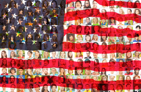 USA flag with portraits of American people