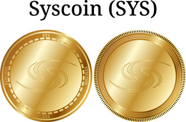 Set of physical golden coin Syscoin (SYS), digital cryptocurrency. Syscoin (SYS) icon set. Vector illustration isolated on white background.