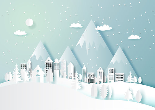 Snow and winter season abstract background with urban cityscape countryside landscape for merry Christmas and happy new year paper art style.Vector illustration.