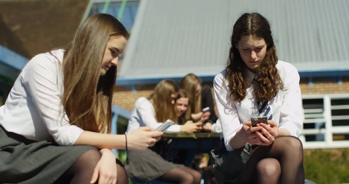 4k, High school students are sitting together and texting on their cell phones.