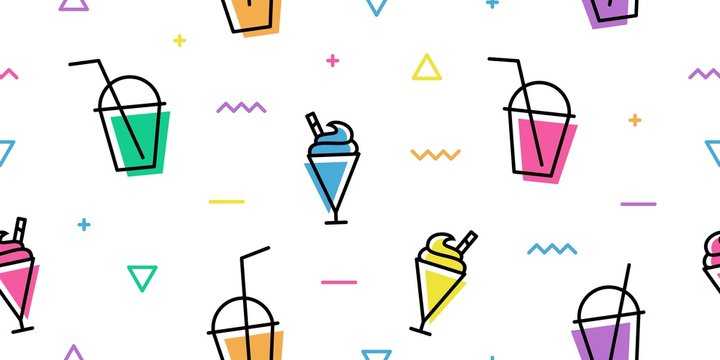 milkshake cup memphis colorful outline line art seamless pattern white background wallpaper download