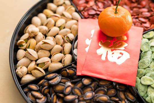 Traditional Chinese snack tray with red packet word mean luck for lunar new year